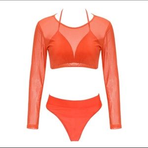 Orange 3 piece Swimsuit mesh long sleeve thong